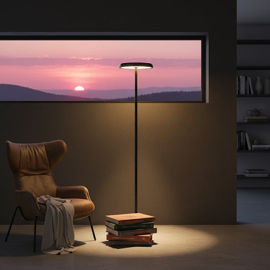 Lorvali minimalist floor lamp with a slim pole and round LED shade, casting a warm glow in a modern room at sunset.