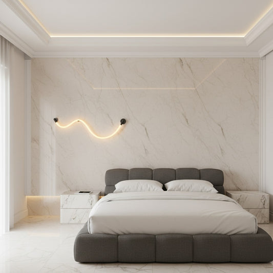 Lorvali flexible minimalist LED rope wall sconce emitting warm white light on a marble bedroom wall above a bed.
