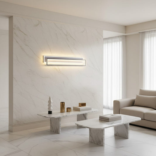 Lorvali minimalist LED wall lamp with double strip design in black, mounted on a white marble living room wall.
