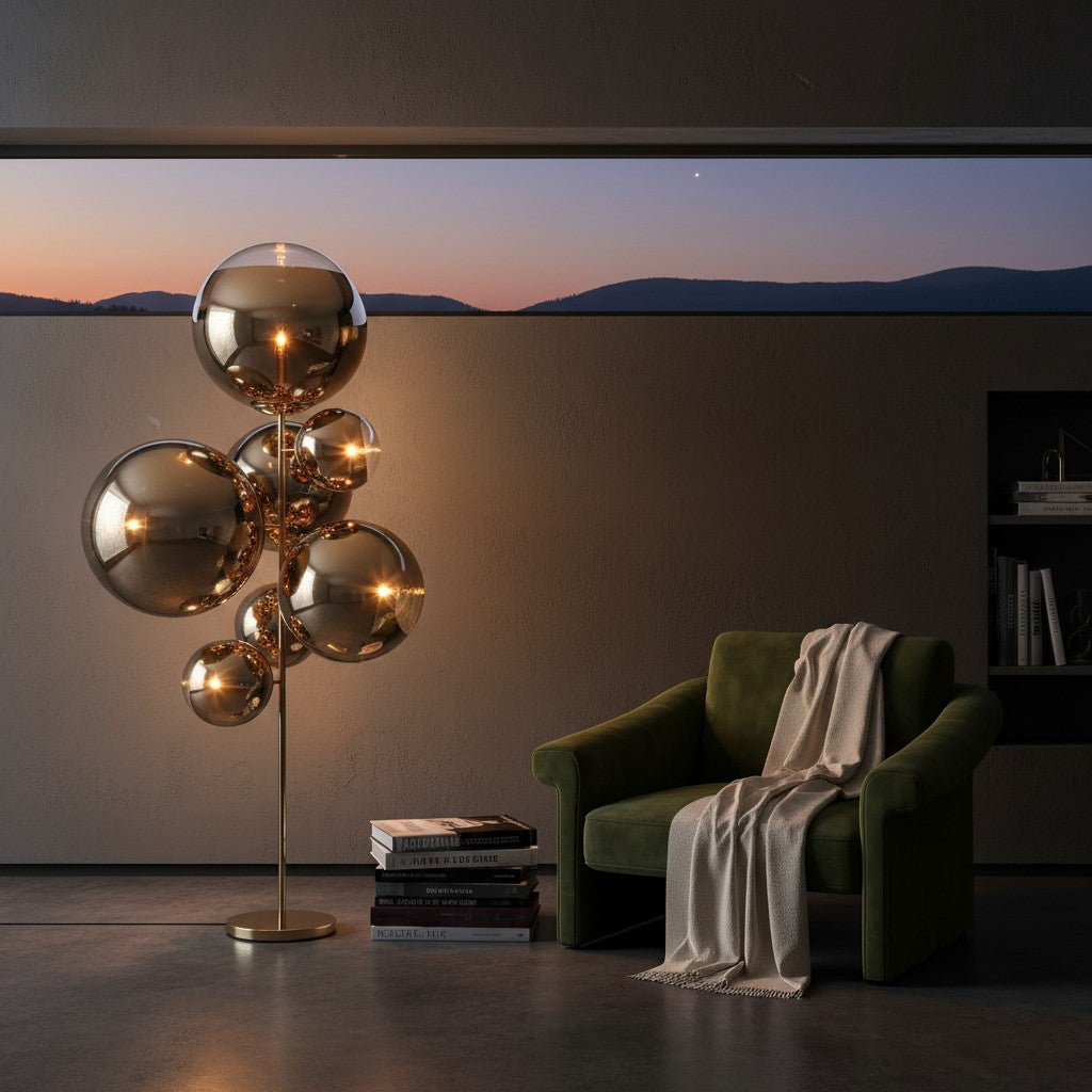 Lorvali Mirror Ball floor lamp with reflective gold glass spheres next to a green velvet armchair in a modern room.