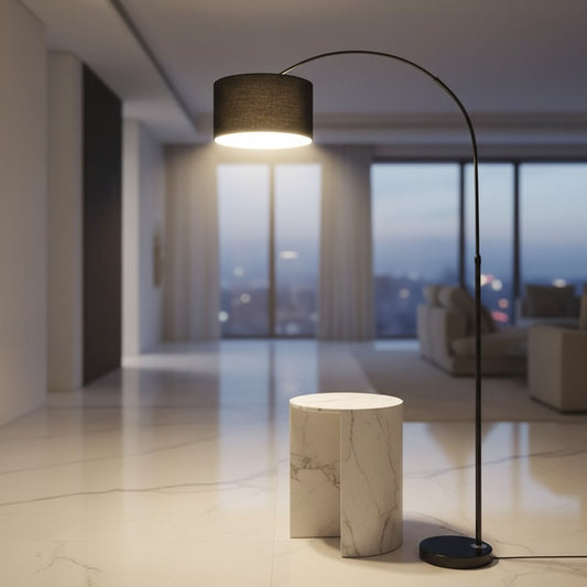 Lorvali modern arc floor lamp with black fabric shade and marble base in a contemporary living room setting.