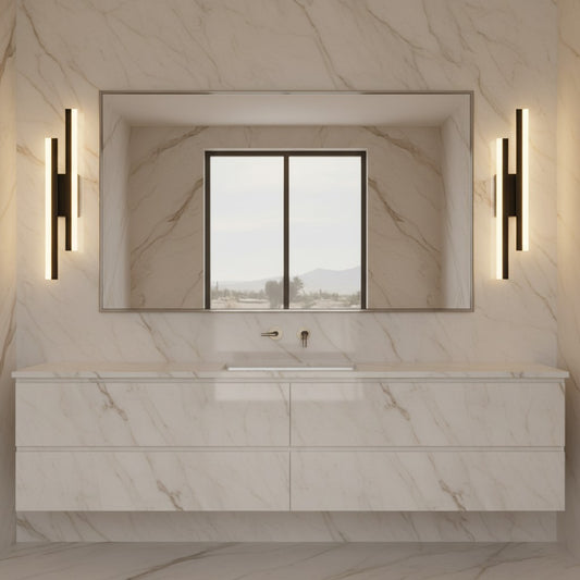 Lorvali modern asymmetric black LED vanity light bars mounted on a marble bathroom wall beside a large mirror.