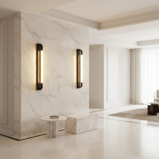 Lorvali modern black LED wall lamps with acrylic tubes mounted on a white marble wall in a bright living room