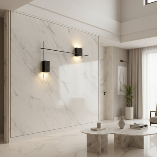 Lorvali modern black iron LED wall sconce with three-step dimming mounted on a white marble accent wall