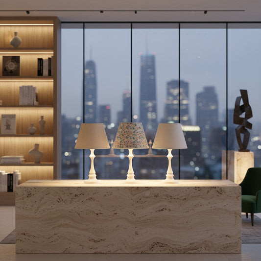 Lorvali 19 inch modern French chess table lamps with white PMMA bases and drum linen shades in a city apartment.