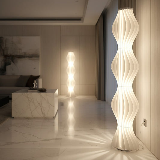 Lorvali modern coastal wavy LED floor lamp with white acrylic shades in a bright, contemporary living room setting.