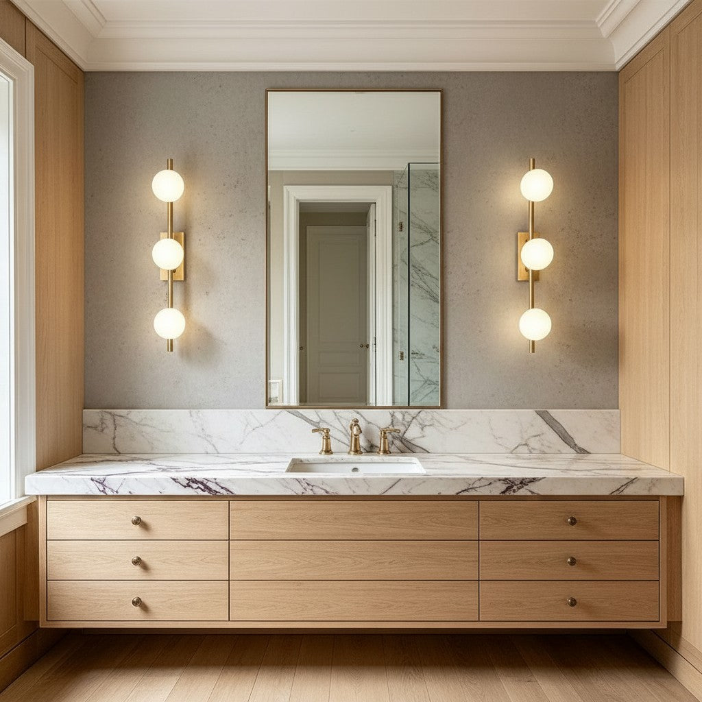 Lorvali modern LED vanity light bars with copper finish and milky glass globes mounted on a bathroom wall.