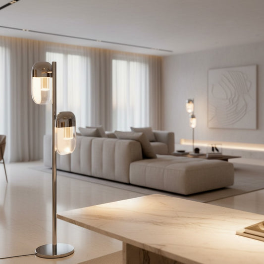 Lorvali modern minimalist floor lamp with two crystal light heads and a gold aluminum frame in a living room.