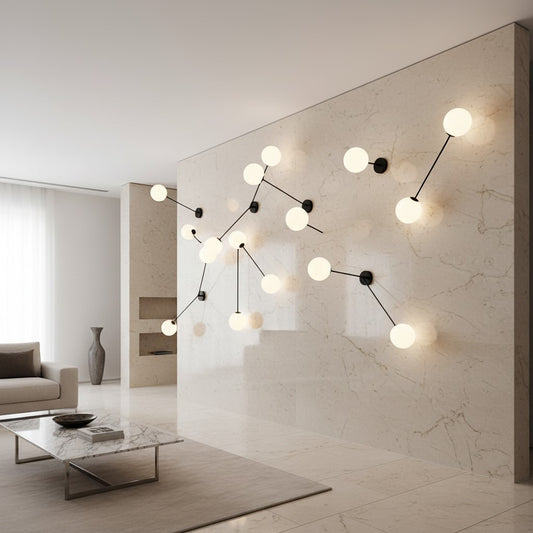 Lorvali modern Nordic black iron and glass globe wall lights arranged in a decorative pattern on a marble wall