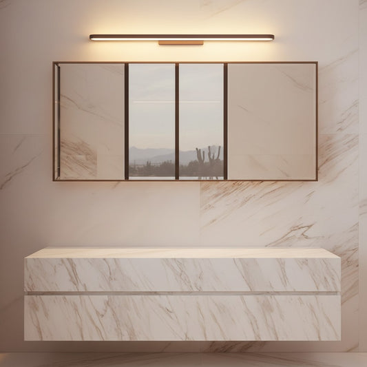 Lorvali modern LED bathroom vanity bar light with a sleek matte aluminum frame mounted above a rectangular mirror.
