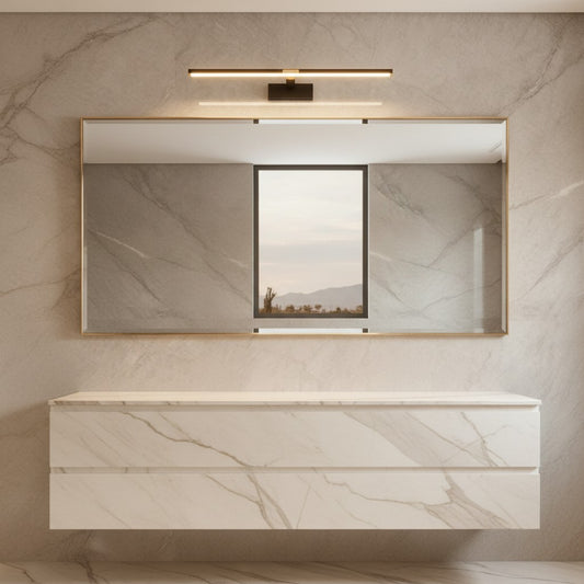 Lorvali modern LED vanity light bar with extendable arm mounted above a bathroom mirror with marble wall background
