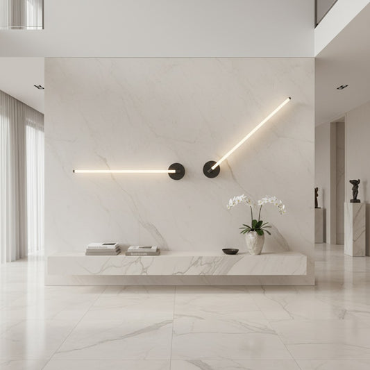 Lorvali modern circular strip LED wall sconces with black finish and acrylic shade mounted on a marble wall.