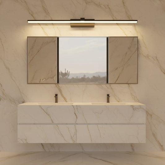 Lorvali modern linear LED bathroom vanity light with a sleek aluminum frame mounted above a mirror in a marble room.