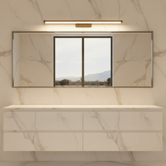 Lorvali modern linear LED vanity light mounted above a bathroom mirror with marble wall tiles