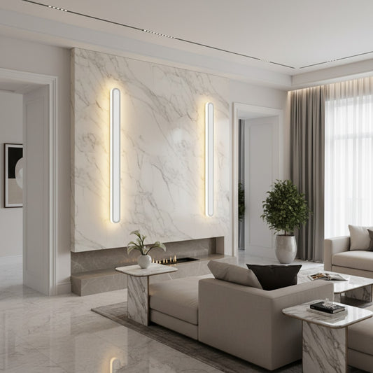 Lorvali modern minimalist white LED wall lamps installed on a marble background wall in a luxury living room