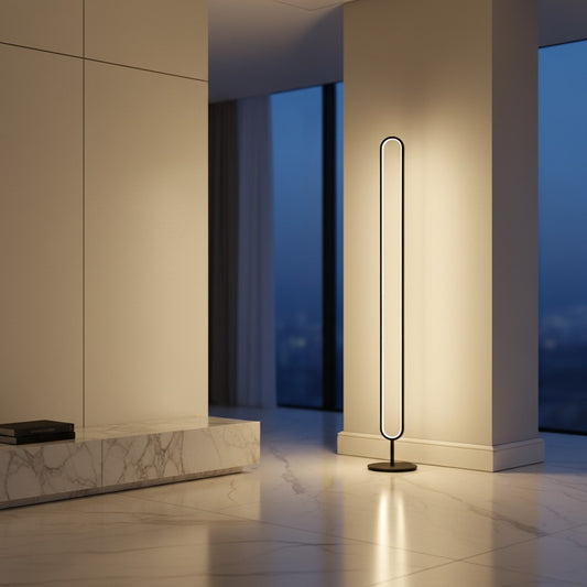 Lorvali modern minimalist LED floor lamp with a sculptural black oval frame and warm white acrylic light in a room.