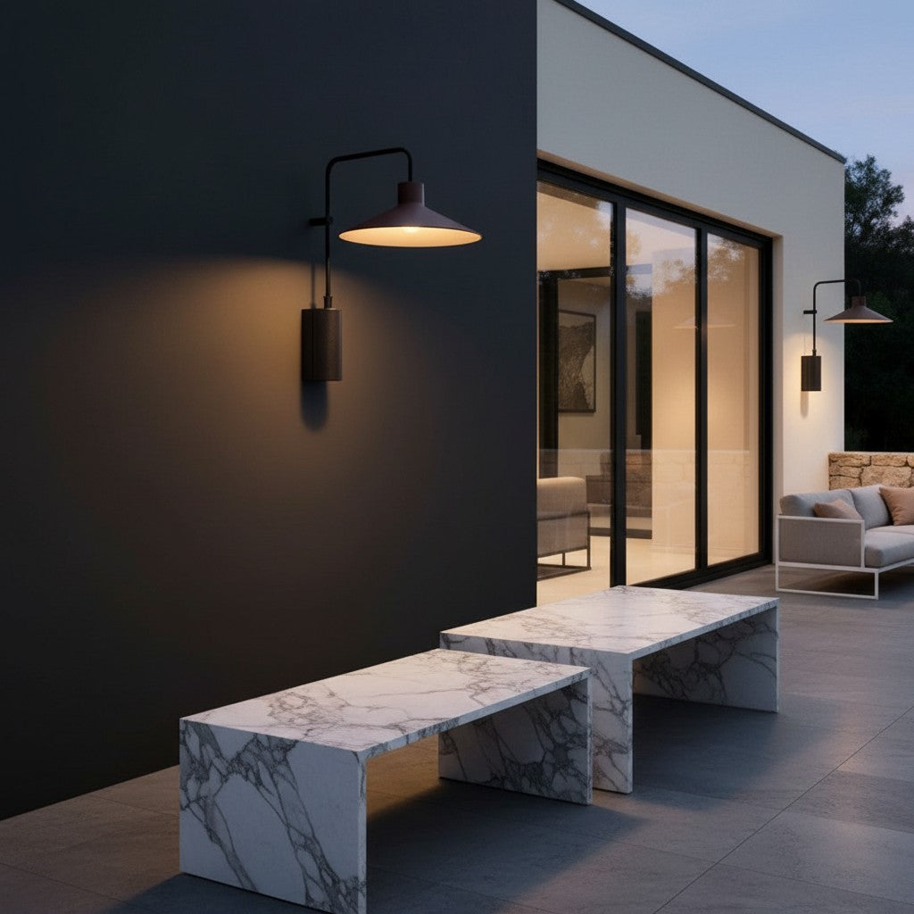 Lorvali modern outdoor gooseneck wall lamp with a brown tapered metal shade mounted on a dark exterior wall.