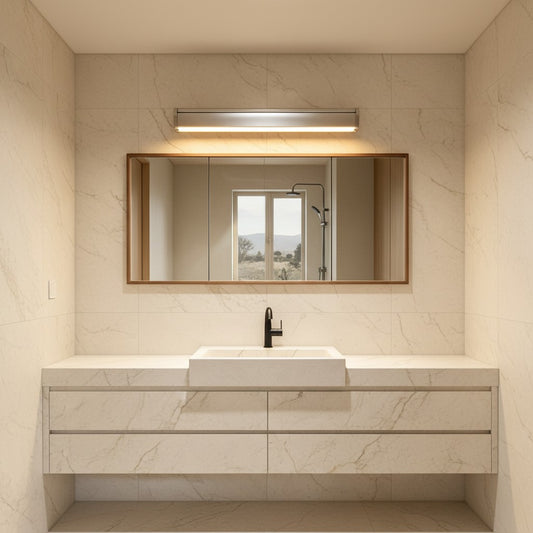 Lorvali modern silver aluminum linear LED vanity bar light mounted above a bathroom mirror in a marble tiled room.
