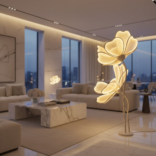 Lorvali modern white LED floor lamp with acrylic flower-shaped shades in a contemporary living room setting.