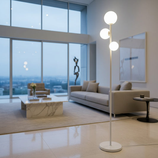 Lorvali modern white floor lamp with three spherical globe lights in a bright, contemporary living room setting.