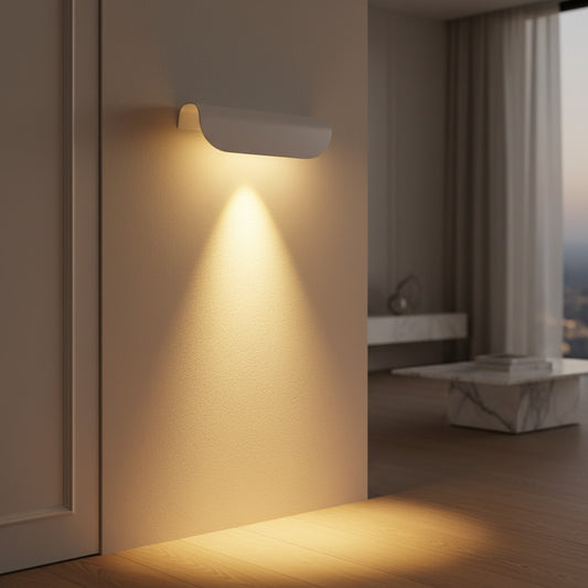 Lorvali modern minimalist white aluminum LED wall light fixture casting a warm glow on a bedroom wall