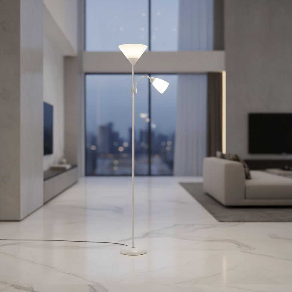 Lorvali modern white iron torchiere floor lamp with an adjustable reading sidelight in a contemporary living room.