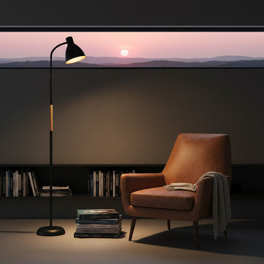 Lorvali modern black metal and wood arc floor lamp with a cone shade, illuminating a cozy reading nook with a chair.