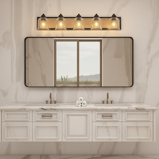 Lorvali multi-light wall sconce with five glass shades and black iron frame mounted above a modern bathroom vanity mirror