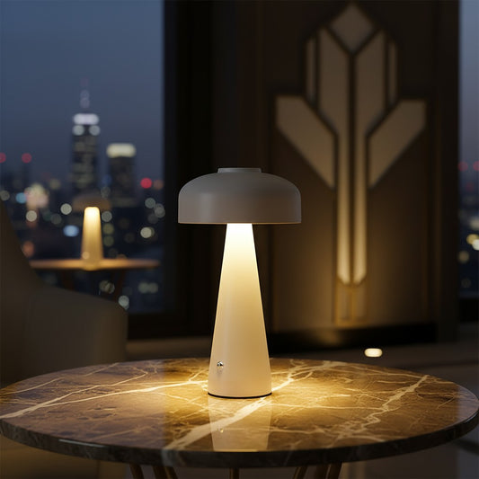 Lorvali mushroom table lamp with a white iron body and acrylic shade, featuring touch dimming on a marble table.