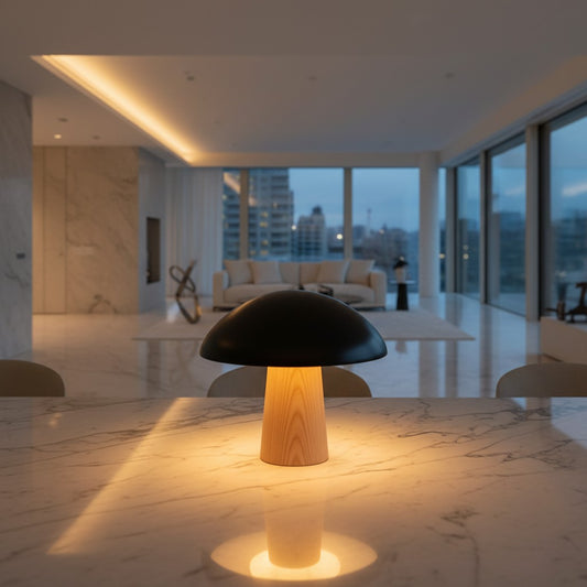 Lorvali Night Owl table lamp with a black mushroom-shaped shade and wood-patterned base on a marble surface.