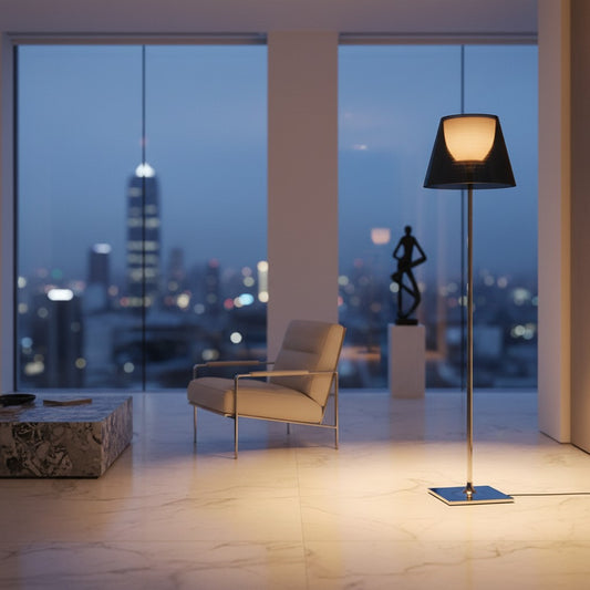 Lorvali Nordic floor lamp with a sleek iron body and gray acrylic shade in a modern living room at night.