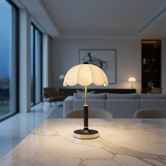 Lorvali Odette floral table lamp with a scalloped white fabric shade and dark ash wood stem on a marble surface.
