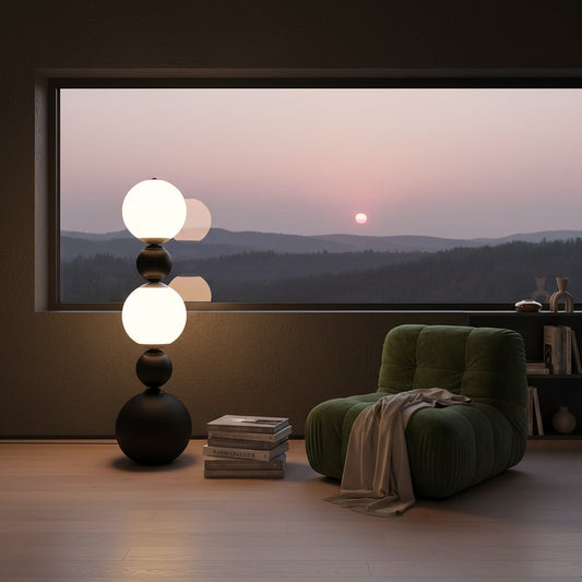 Lorvali Orion Sphere Floor Lamp with matte black base and glowing white spheres in a modern living room at sunset.