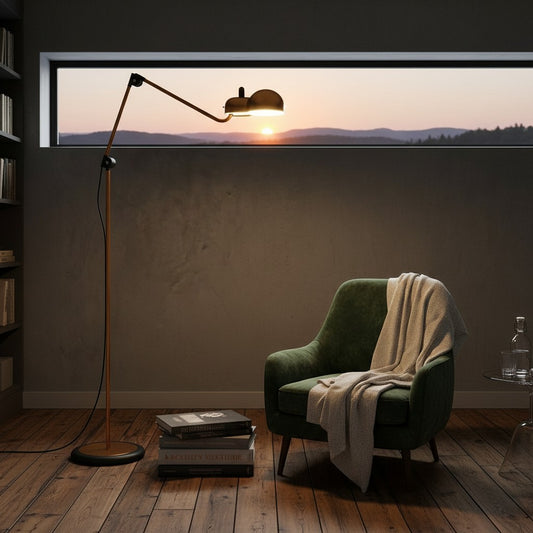 Lorvali Pascal articulated floor lamp in a cozy reading nook with a green velvet armchair at sunset.