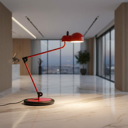 Lorvali Pascal articulated desk lamp in glossy red carbon steel with an adjustable arm on a marble table.