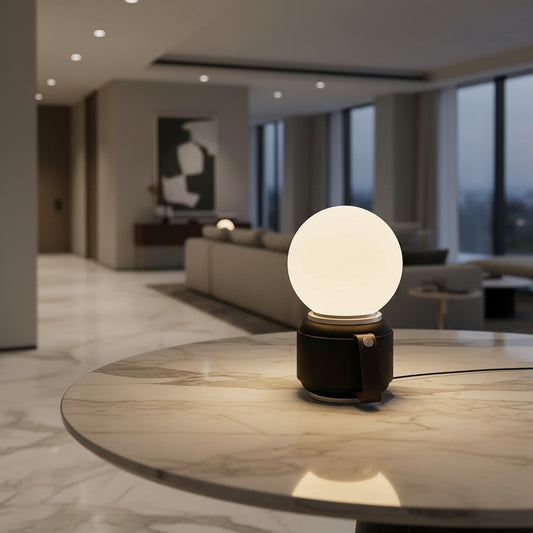 Lorvali Peboland Mug Table Lamp with a spherical glass shade and black base on a marble table in a modern living room