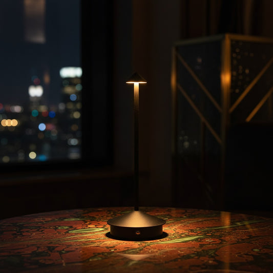 Lorvali Pina cordless LED table lamp in black aluminum with a mushroom top, casting a warm glow on a patterned table.
