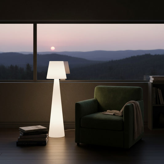 Lorvali Pivot Slide white modern floor lamp with a conical base and flared shade next to a green armchair at sunset