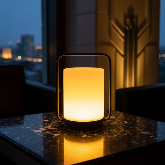 Lorvali modern portable outdoor table lamp with a black metal frame and glowing white cylindrical shade on a table