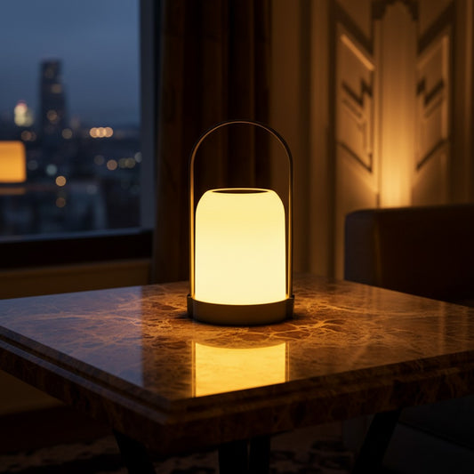 Lorvali portable solar-powered LED lantern with a warm 3000K glow, featuring a minimalist design on a marble table.
