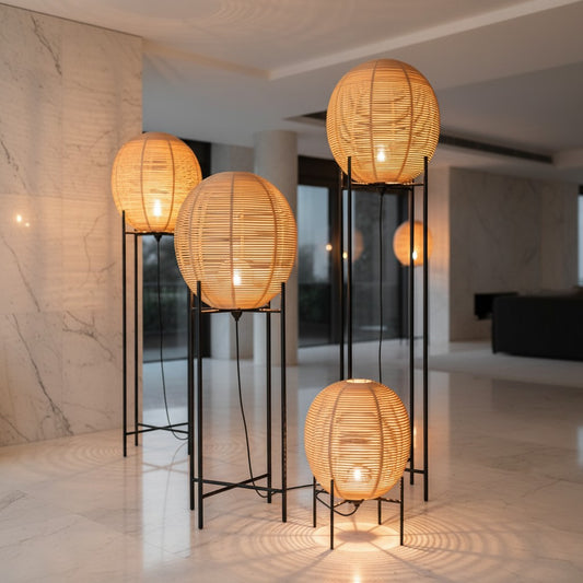 Lorvali rustic boho floor lamps with woven rattan globe shades and black iron frames in a modern living room.