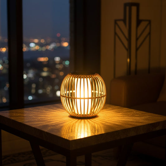 Lorvali rattan solar garden lantern glowing on a table with a city skyline view in the background