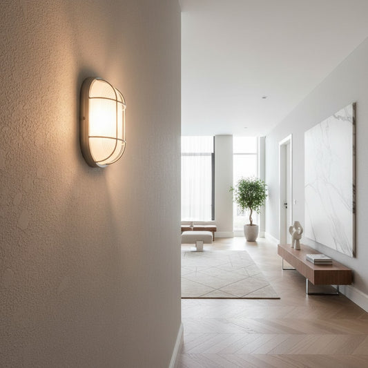 Lorvali retro industrial oval wall light with frosted ribbed glass shade mounted in a modern hallway