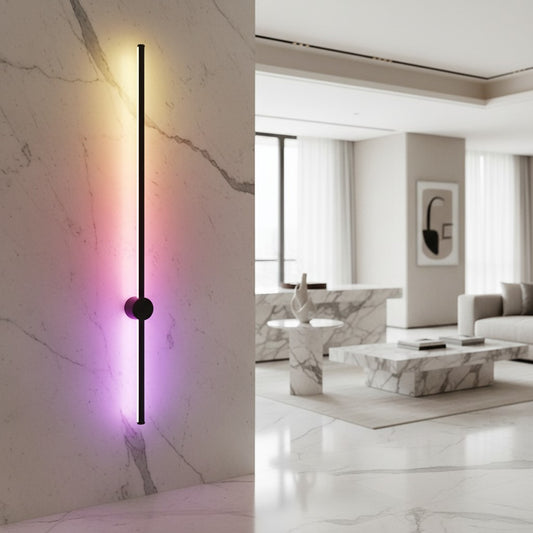 Lorvali modern minimalist RGB LED linear wall sconce with remote control mounted on a marble wall in a living room