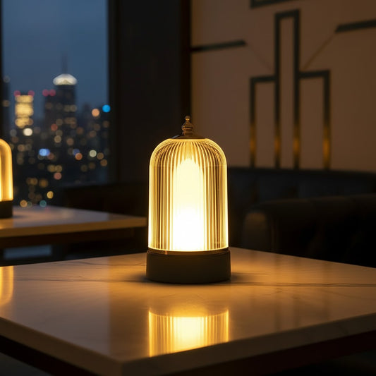 Lorvali portable ribbed glass LED table lamp with a black base and golden lid glowing on a marble table at night
