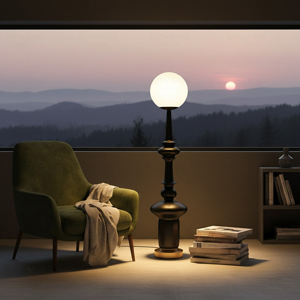 Lorvali Roman Constance modern floor lamp with a black resin base and white spherical shade in a cozy living room.
