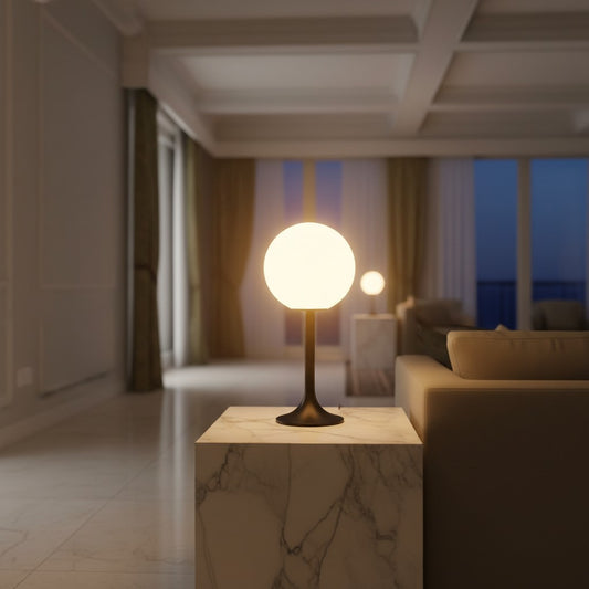 Lorvali Roman Constance table lamp with a white spherical shade and black base on a marble side table in a living room.