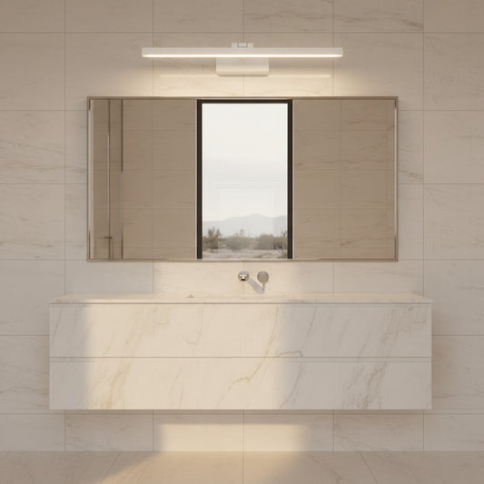 Lorvali rotatable LED bath bar vanity light mounted above a modern bathroom mirror with marble wall tiles.