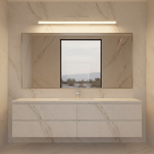 Lorvali modern rotatable LED bathroom vanity light with seeded acrylic shade mounted above a mirror in a marble bath.