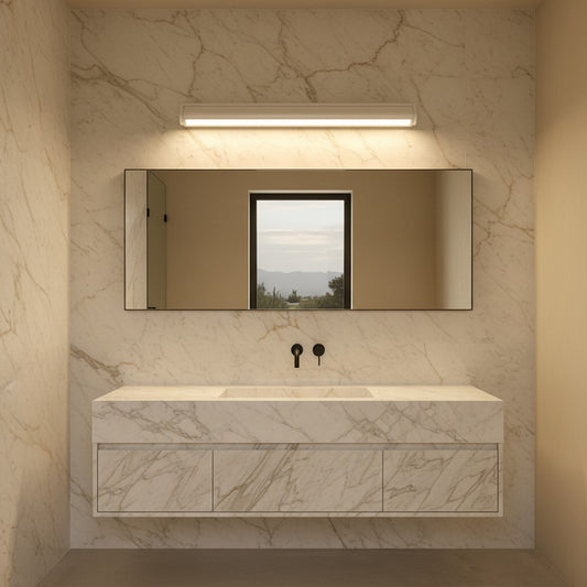 Lorvali modern rotatable LED vanity light bar mounted above a bathroom mirror with marble wall tiles